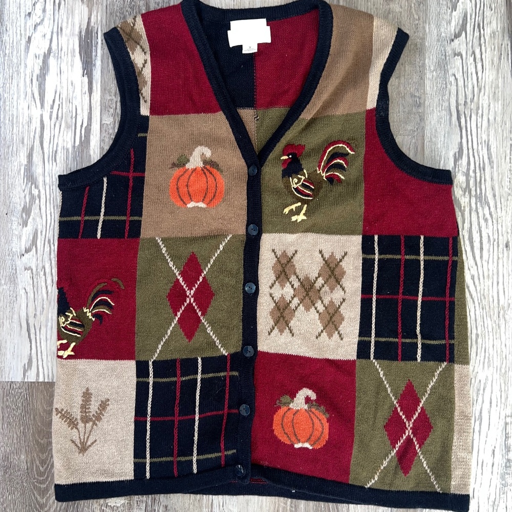 CJ Banks Hand Embroidered Vintage Fall Patchwork Sweater Vest